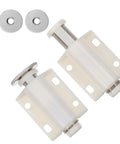 Set Of Two White Push To Open Magnetic Cabinet Door Latches with round discs, showing smooth action hardware.