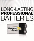 Heavy Duty 9V Industrial Alkaline Batteries Rock Solid Workhorse For High Current Drain Devices, viewed with Energizer branding.