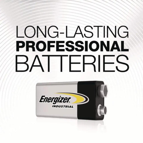 Heavy Duty 9V Industrial Alkaline Batteries Rock Solid Workhorse For High Current Drain Devices, viewed with Energizer branding.
