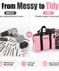 Comparison of messy drill bits versus tidy storage with Dope Pink Cordless Drill Set For Gals Featuring Hella Lightweight Design.