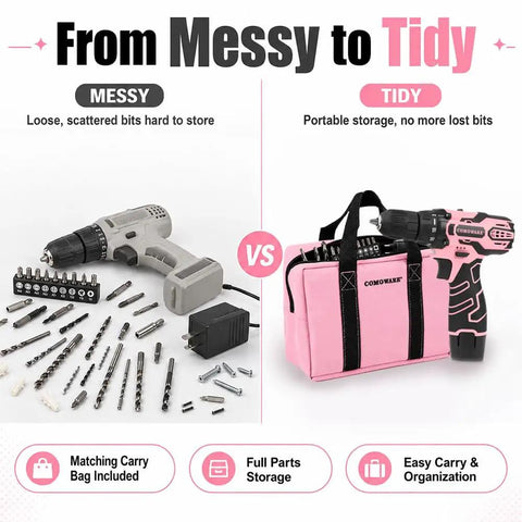 Comparison of messy drill bits versus tidy storage with Dope Pink Cordless Drill Set For Gals Featuring Hella Lightweight Design.