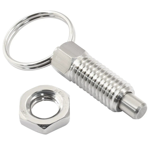 Six Pack Retractable Spring Plungers With Pull Ring M10 X 1.5 Thread Stainless Steel Non Lock-Out Knobs showing 58mm length and nut.