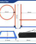 Durable Indoor Outdoor Dog Agility Set with Jump Rings, Poles, Pause Box, and Storage Bag dimensions shown