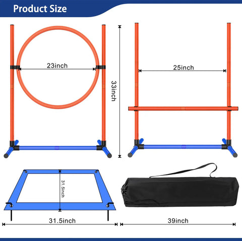 Durable Indoor Outdoor Dog Agility Set with Jump Rings, Poles, Pause Box, and Storage Bag dimensions shown