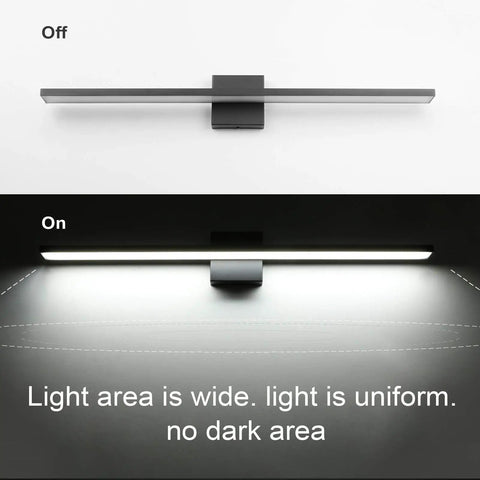 On and off view of 31.5 Inch Dimmable Modern LED Black Vanity Light Fixture For Bathroom Use, 28W Frosted Aluminum Construction