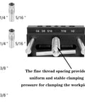 Tough As Nails Self Centering Dowel Jig Kit With Wide Capacity Drill Guide showing fine thread spacing for securing clamps.