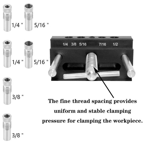 Tough As Nails Self Centering Dowel Jig Kit With Wide Capacity Drill Guide showing fine thread spacing for securing clamps.