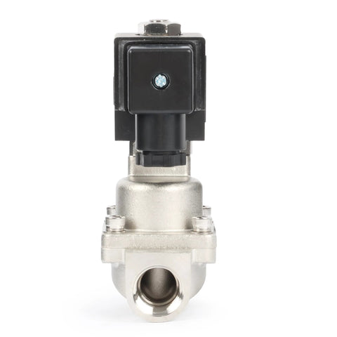 Front view of 1/2-inch stainless steel high-temperature solenoid valve with black coil housing
