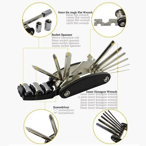 Bike Repair Tool Kit 16 In 1 For Quick Fixes With Glueless Tire Patches And Tire Levers compact view with tools extended