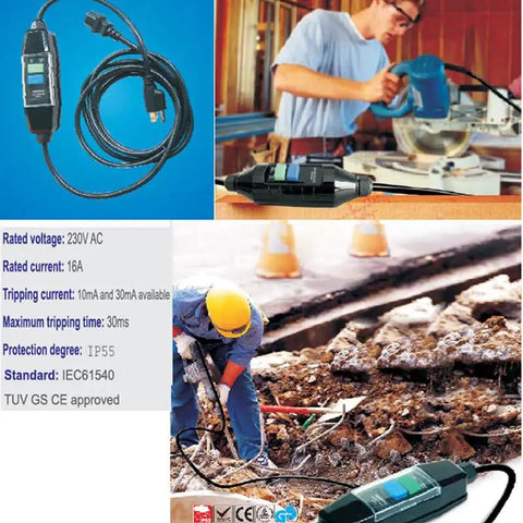 Inline GFCI Leak Protector Waterproof Outdoor Extension Cord Adapter With Easy Test And Reset Switch in use on job site.