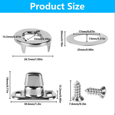 Nickel-plated marine fasteners set with twist-lock eyelets, turn buttons, studs; 12 sets, 24 screws; front and top views