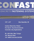 1/2 Inch By 10 Inch Zinc Plated Wedge Anchor For Concrete Use Only, Dry Environment Rated, Heavy Duty Concrete Anchors In A Box Of 25