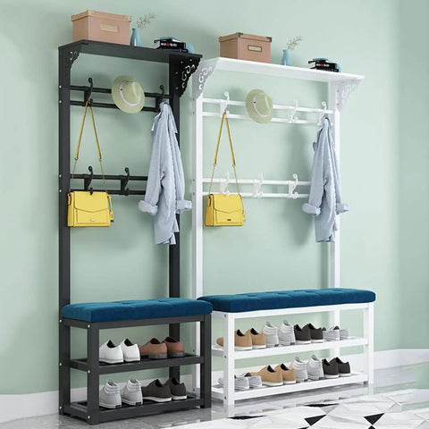 Industrial Coat Rack Shoe Bench With 8 Hooks Freestanding Garment Hanger And Shelf Hall Tree For Narrow Hallway And Bedroom