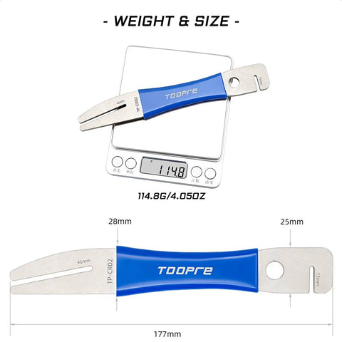 Bike Disc Rotor Truing Fork Tool Wrench for MTB Mountain and Road Bicycles with ergonomic rubber handle and dual slot depths shown on scale