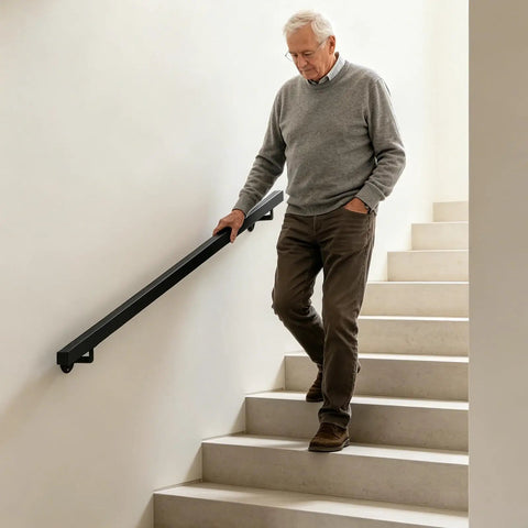 Rock Solid Four Foot Flush Handrail Wall Mount Stair Railing With Sleek Matte Black Finish and Heavy Duty Stainless Steel Design in use by a man on stairs.