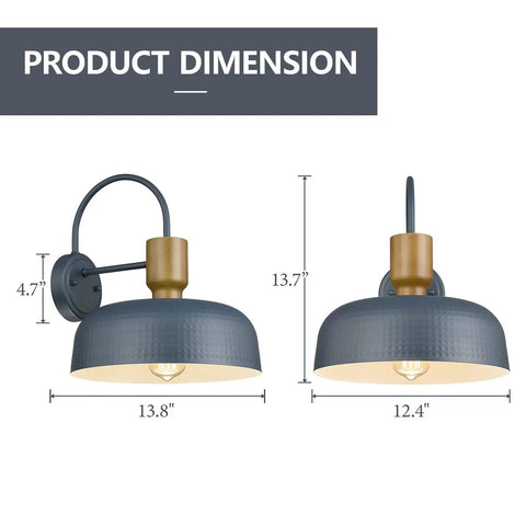Industrial Barn Light Sconces With Hammered Metal Shade Black Wall Lamps dimensions illustration for indoor outdoor use.