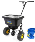 Spyker Pro Series 50 Pound Broadcast Spreader With 5 Pound Handheld Spreader Kit for lawn care with poly hopper and big tires