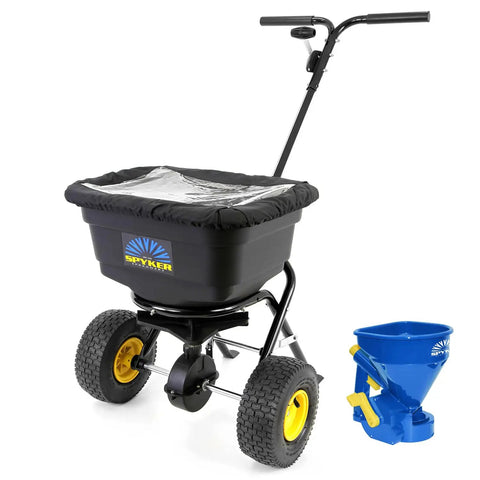 Spyker Pro Series 50 Pound Broadcast Spreader With 5 Pound Handheld Spreader Kit for lawn care with poly hopper and big tires