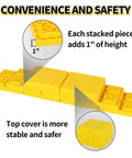 Top Shelf RV Leveling Blocks 12 Pack Stackable Jack Pads With Interlocking Grip and Durable Carry Case, showing height and stability features.