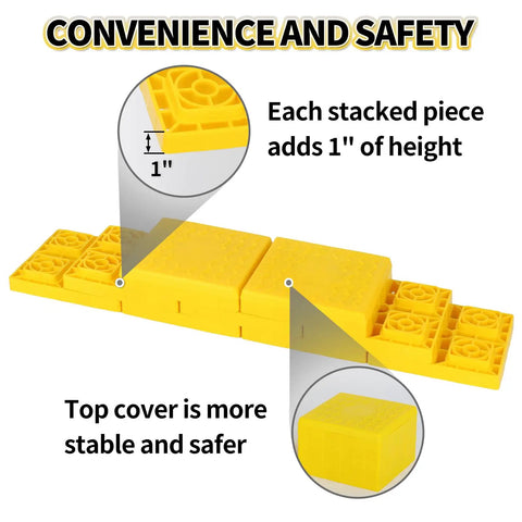 Top Shelf RV Leveling Blocks 12 Pack Stackable Jack Pads With Interlocking Grip and Durable Carry Case, showing height and stability features.