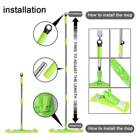 All Purpose Floor Dust Mop With 58 Inch Extendable Handle And Washable Chenille Pads, installation instructions shown