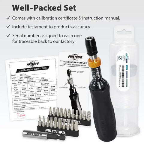 Pro Grade Precision Calibrated Torque Limiting Screwdriver Set with certificates, bit holder, bits, and storage case shown