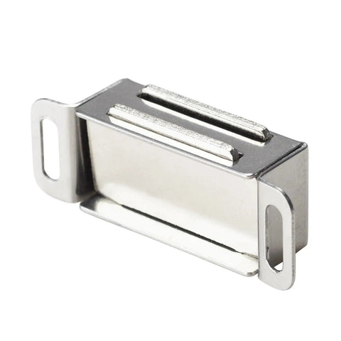 Close-up of a stainless steel piece from 4 Pack Stainless Steel Cabinet Door Magnet Catch For Kitchen Cupboards TV Stands And Other Furniture Doors And Drawers Rust Resistant Magnetic Latch For Easy Secure Closures, showing smooth metal surface and detailing.