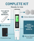 4-In-1 TDS Meter Digital Water Tester for Drinking Water with user manual, batteries, and protective cap