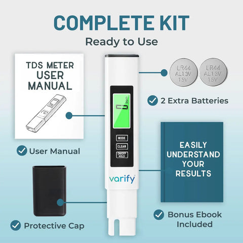 4-In-1 TDS Meter Digital Water Tester for Drinking Water with user manual, batteries, and protective cap