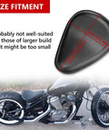 Leather Motorcycle Solo Seat With 3 Inch Spring Bracket Kit Hard Bottom In Black Finish on bike, dimensions labeled