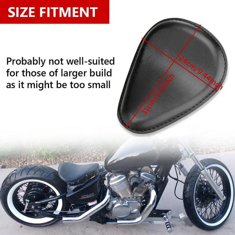 Leather Motorcycle Solo Seat With 3 Inch Spring Bracket Kit Hard Bottom In Black Finish on bike, dimensions labeled