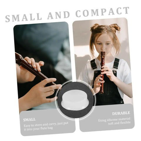 Transparent Silicone Flute Plugs And Open Hole Key Caps Kit featuring child playing flute, close-up of hands, and silicone cap
