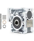 Beefed-Up NMRV 030 Worm Gear Reducer For NEMA 23 Motors 30 To 1 Reduction with input and output shaft components, front view