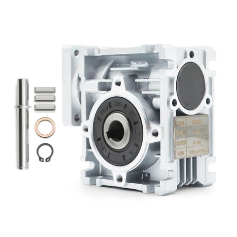 Beefed-Up NMRV 030 Worm Gear Reducer For NEMA 23 Motors 30 To 1 Reduction with input and output shaft components, front view