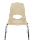 Front view of Durable Ten Inch School Stack Chairs Set Of Two For Kids With Chrome Steel Legs And Self Leveling Swivel Glides Sand Finish