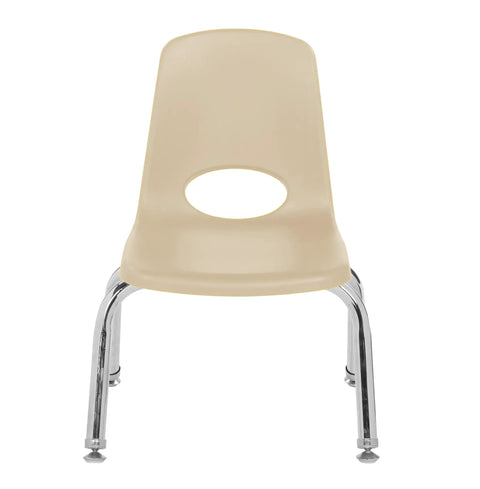 Front view of Durable Ten Inch School Stack Chairs Set Of Two For Kids With Chrome Steel Legs And Self Leveling Swivel Glides Sand Finish
