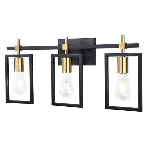 Industrial 3 Light Vanity Fixture In Black And Brass Gold With Rectangular Backplate Rustic Modern Farmhouse Bath Lighting Over Mirror For Bathrooms Restrooms Kitchens Living Rooms And More