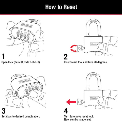 Graphic showing resetting steps for Brass Combination Gate Lock For Outdoor Fences And Sheds, Customizable Four Digit Padlock.