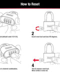 Illustration of how to reset a Brass Combination Padlock With Extended Two And A Quarter Inch Beefy Shackle For Outdoor Gates And Sheds Built To Last Customizable Four Digit Lock To Secure Fences Weatherproof For Indoor And Outdoor Use.