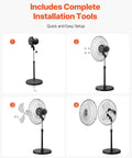 Boss Level Airflow Pedestal Floor Fan With 18 Inch Blade assembly process shown in step-by-step images, including motor and blade attachment.