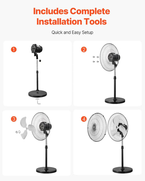 Boss Level Airflow Pedestal Floor Fan With 18 Inch Blade assembly process shown in step-by-step images, including motor and blade attachment.