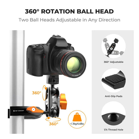 Heavy Duty Camera Clamp Mount With Two 360 Degree Ball Heads Magic Arm For DSLRs attached to a vertical pole.