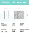 Diagram showing dimensions and specifications of 13.8-inch window shutter exhaust fan with reversible airflow 470 CFM wall mount.