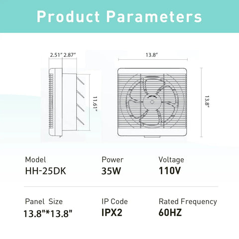 Diagram showing dimensions and specifications of 13.8-inch window shutter exhaust fan with reversible airflow 470 CFM wall mount.