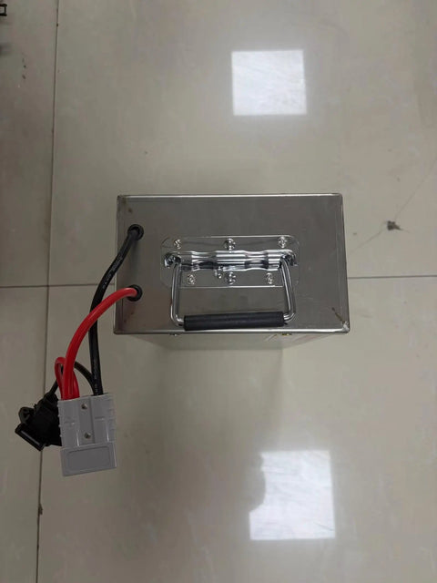 Heavy Duty 60Ah Lithium Battery For Electric Skates, top view showing handle and wiring, designed for transporters.