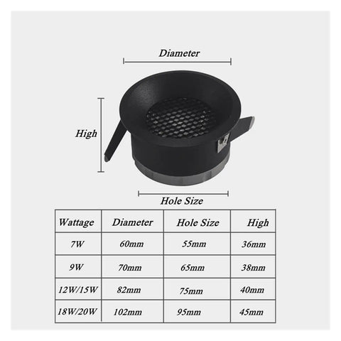 7W/9W/12W/15W COB LED Downlights Dimmable Recessed Ceiling Lights size chart showing dimensions and specifications.