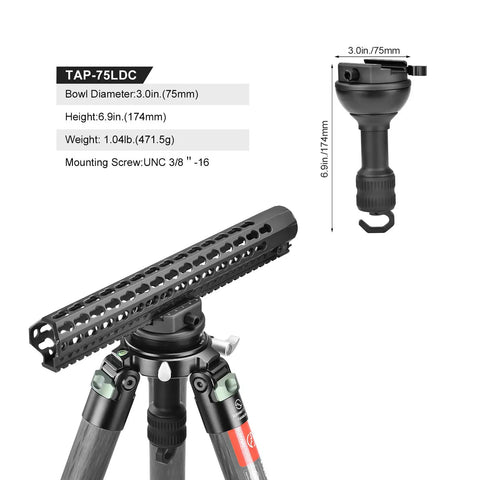 Solid 75 Mm Leveling Half Ball Adapter With Fast Turn Lever Lock on tripod, showing measurements and design features for stability.