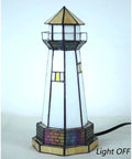 L10626 Lighthouse Tiffany Style Stained Glass Accent Table Lamp Night Light showing structure details, light off, 6x6x12 inches
