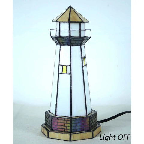 L10626 Lighthouse Tiffany Style Stained Glass Accent Table Lamp Night Light showing structure details, light off, 6x6x12 inches
