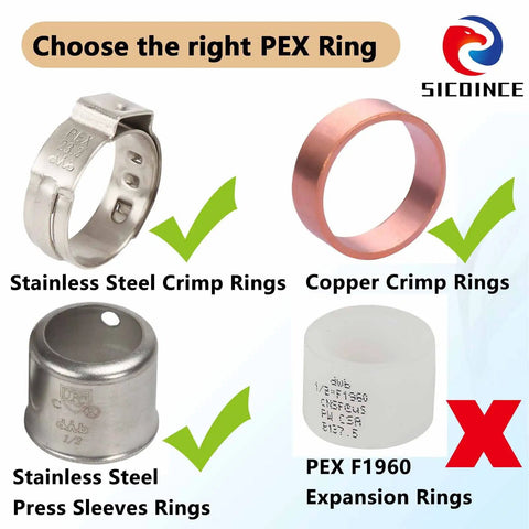 Comparison of PEX rings: stainless steel crimp, copper crimp, stainless steel press sleeves, and PEX F1960 expansion rings.